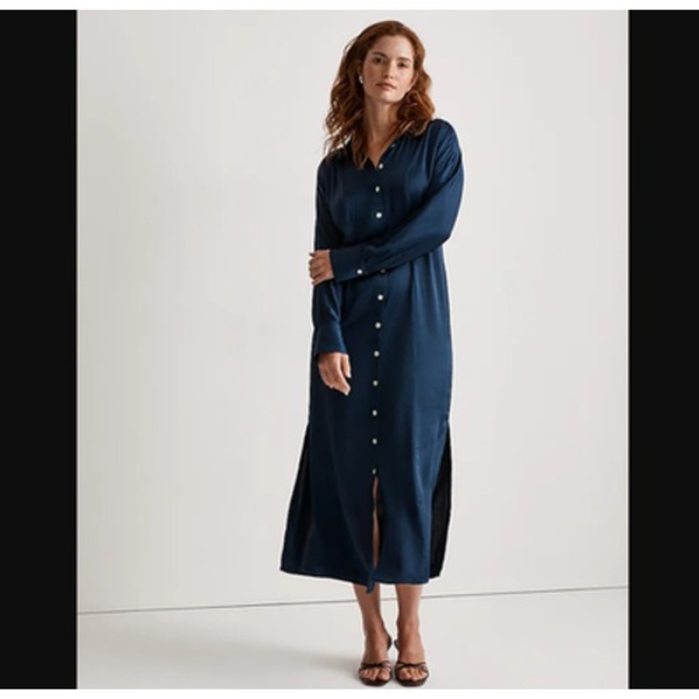 Madewell Shirt Dress Womens Extra‎ Small Navy Blue Button Front Long Sleeve Maxi